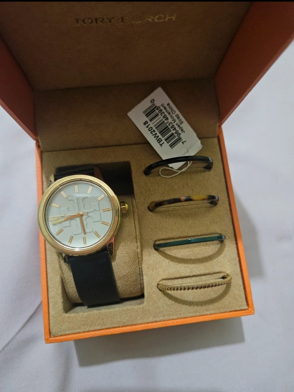 Tory Burch Gold-Tone Case Watch with Black Leather Strap and Multi-Color Inserts